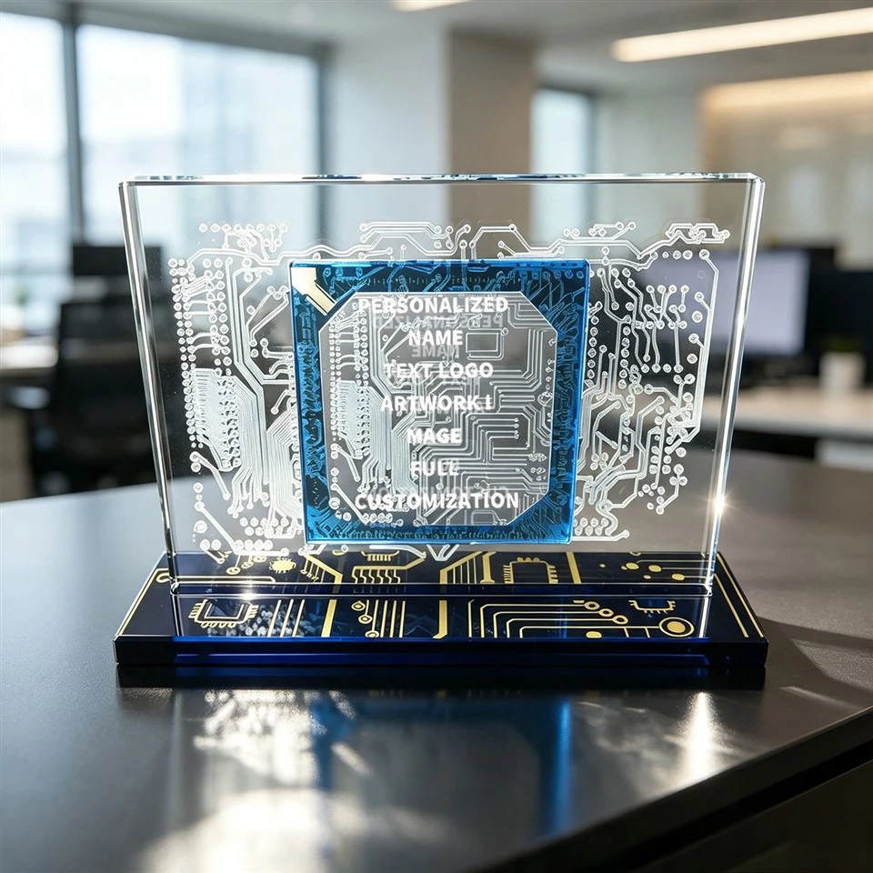 Circuit Board Blue Base Crystal Trophy