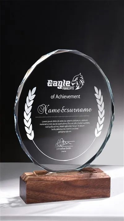 Round Facet Circle Crystal Award with Wood Base